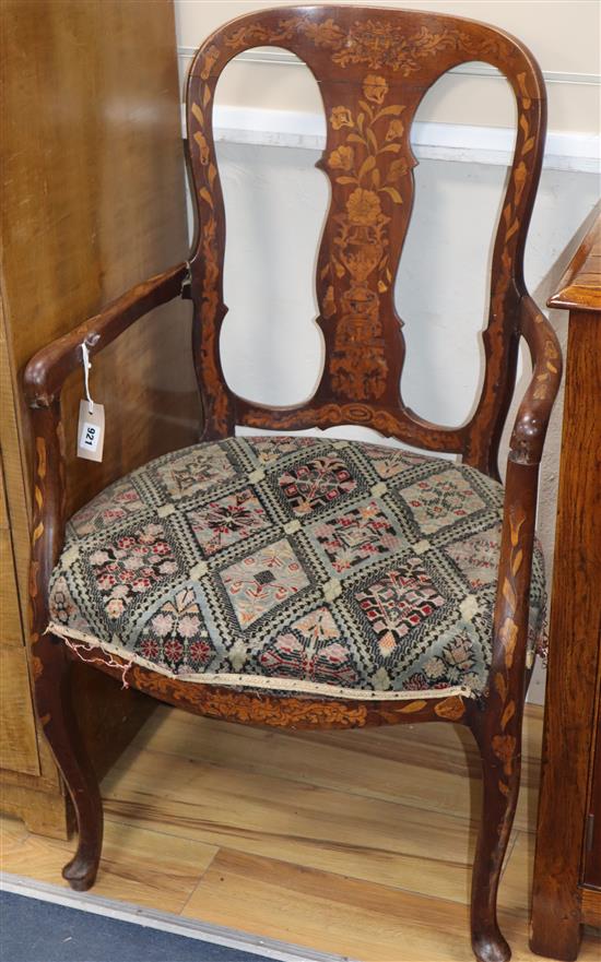 A pair of Dutch floral marquetry inlaid walnut elbow chairs